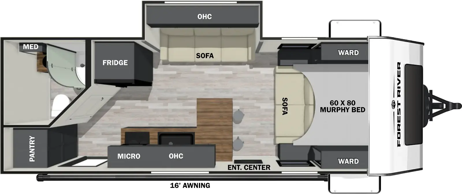 The 19MSB has one slideout and one entry. Exterior features include a 16 foot awning. Interior layout front to back: murphy bed sofa with wardrobes on each side; off-door side slideout with sofa and overhead cabinets, and a refrigerator; peninsula kitchen counter with bar stools wraps to door side with TV, sink, cooktop, and microwave; rear door side pantry and entry; rear off-door side full bathroom with medicine cabinet.